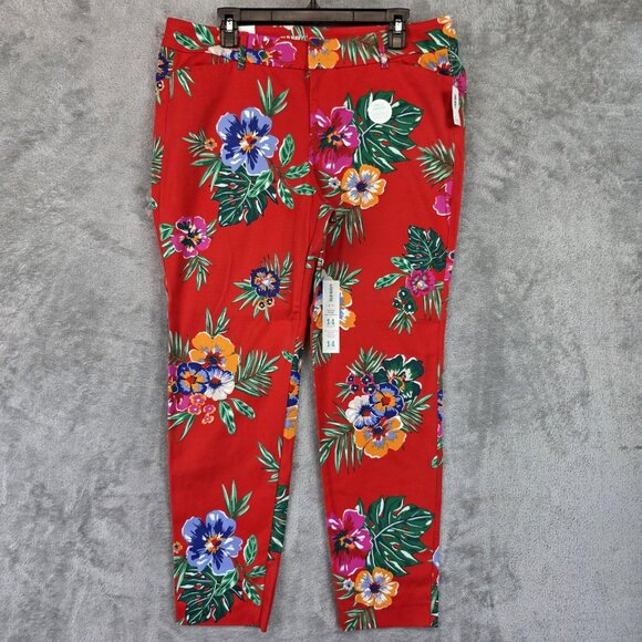 Old Navy Pixie Pants Womens 14 Red Floral Mid-Rise Ankle Length Stretch Tropical - Picture 1 of 14